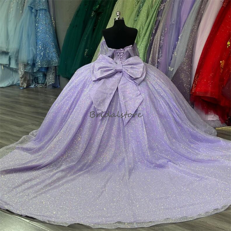 Glitter Lilac Quinceanera Dresses 2024 Charro Off Shoulder Vestidos De 15 Anos Quinceanera Corset Birthday Fifteen Party Gowns Big Bow Back Vestidos D