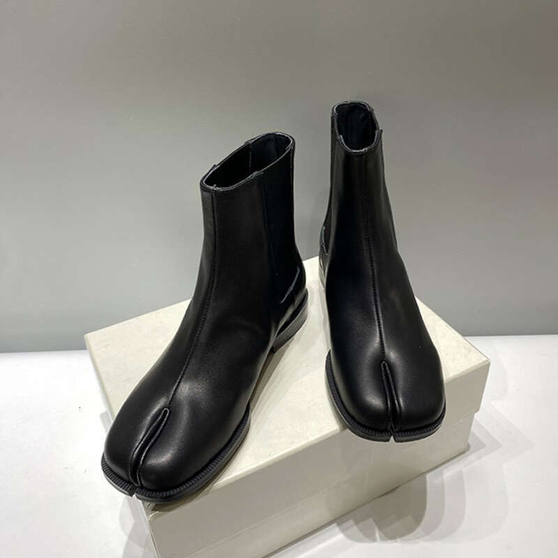 New Unisex Split Toe Black Men Real Ankle Boots Tabi Shoes Women Cow Leather Botas Mujer
