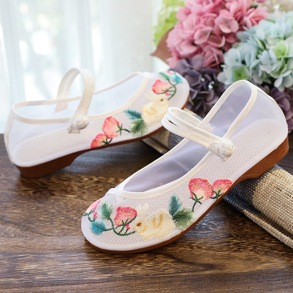 Veowalk See-through Summer Women Gauze Fabric Ballet Flats Flower Embroidered Flat Shoes with Buckles Old Beijing Ballerinas