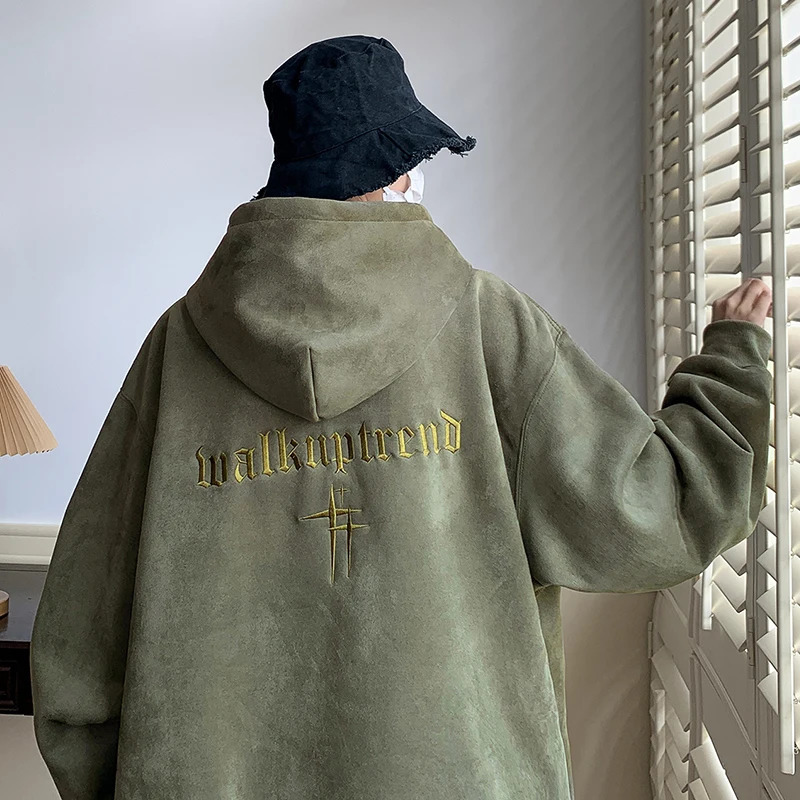 2023 Mens Streetwear Vintage Embroidered Suede Hooded Sweatshirt High Quality Hoodie Fashion Hip hop Unisex Pullover Y2k Clothe 240624