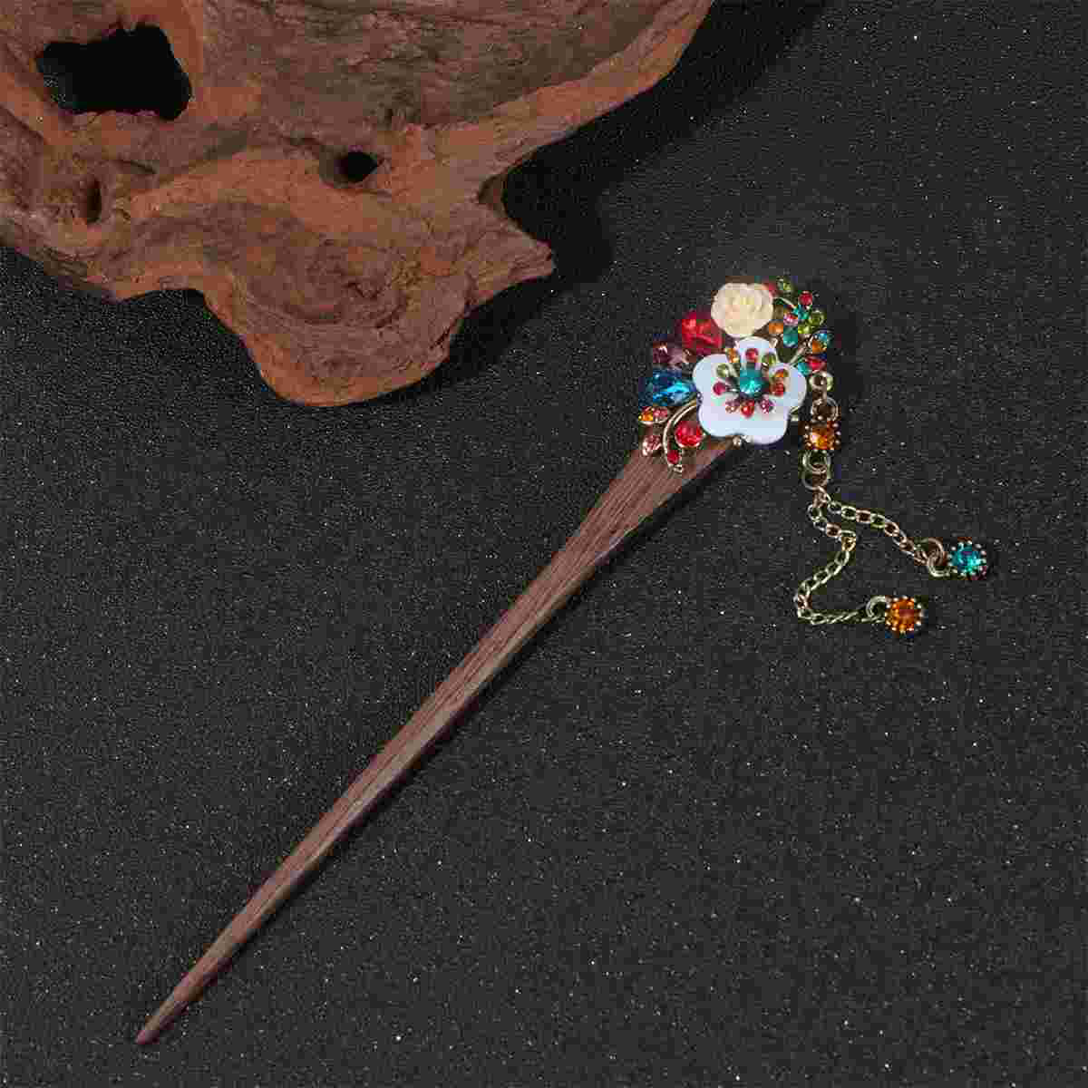 Chinese Hair Chopstick Rose Flower Hair Pin Hair Clip Wood Hair Vintage Tassel Pendant Hair Ornament for Ladies Performer Hanfu