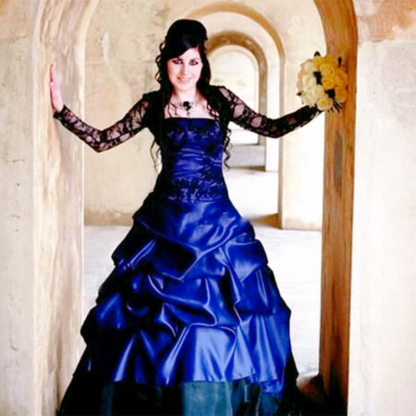 Royal Blue And Black Gothic Wedding Dresses With Lace Jacket Ruched Long Train Plus Size Bridal Gowns Satin Vintage Bride Dress Vestido De Novia