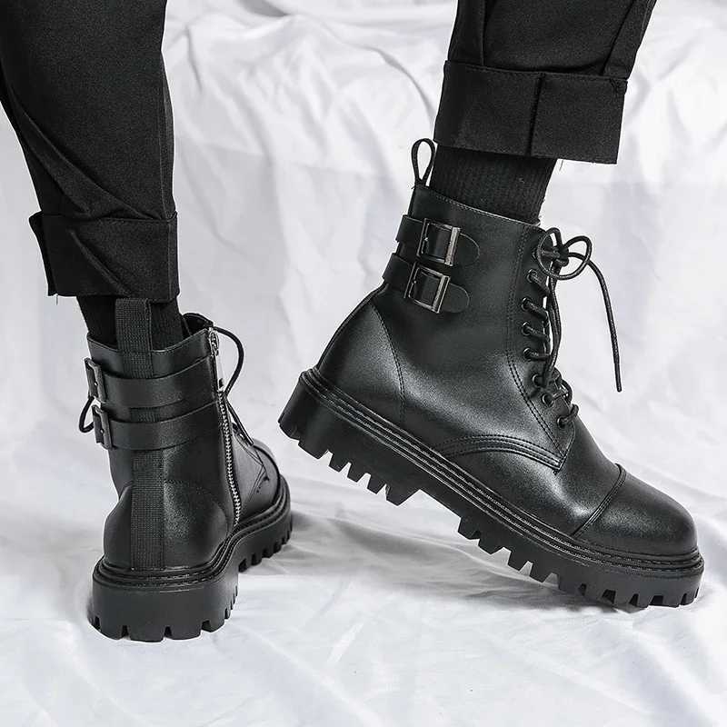 Boots Mens Boots 2023 Winter New Martin Short Boots Mid Barrel Round Head High Top Leather Boots Mens Shoes XW6.5