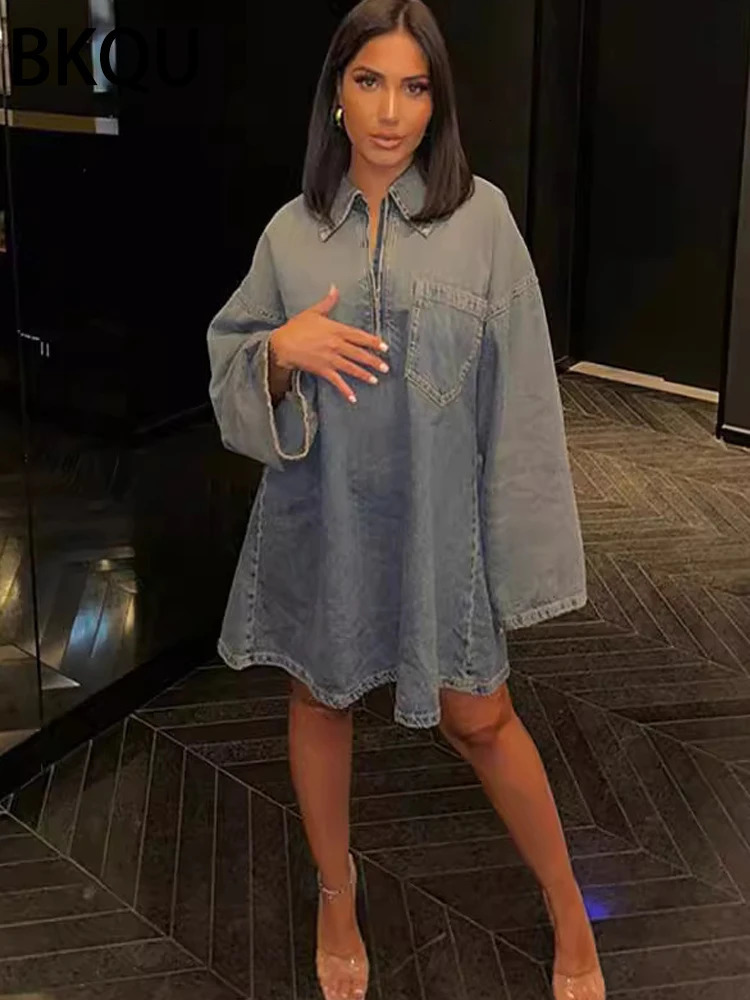 BKQU Mini Dress Women A-Line Denim Dresses Casual All-match Lapel Long Sleeve Zip Loose Female Streetwear Cowboy Dress 240629