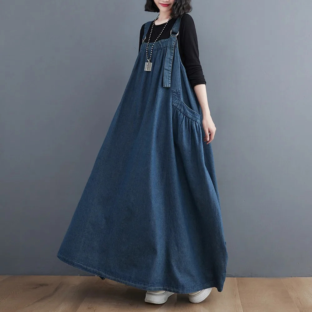 Women Fashion Spring Autumn Long Dress Retro Loose Slimming Denim Suspender Skirt Dresses Long Large Swing Dress y2k 240629