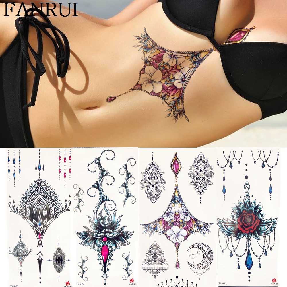 Jewelry Chains Hands Temporary Tattoo Stickers Women Body Under Breast Art Drawing Fake Tattoo Gem Flower Tatoos Girls Bracelet