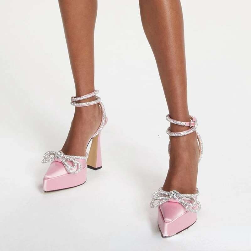 New Catwalk High-Heeled Rhinestone Diamond Pointy Patent Leather Sandals Sexy 14 Colors Satin Wedding Summer Shoes 35-43