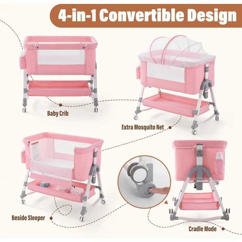 Baby Cribs Jaoul 4 in 1 Baby Bassinet Bedside Sleeper Baby Crib Adjustable Cosleeper for Baby Easy Folding Portable Baby Bed Rocking Bass WX