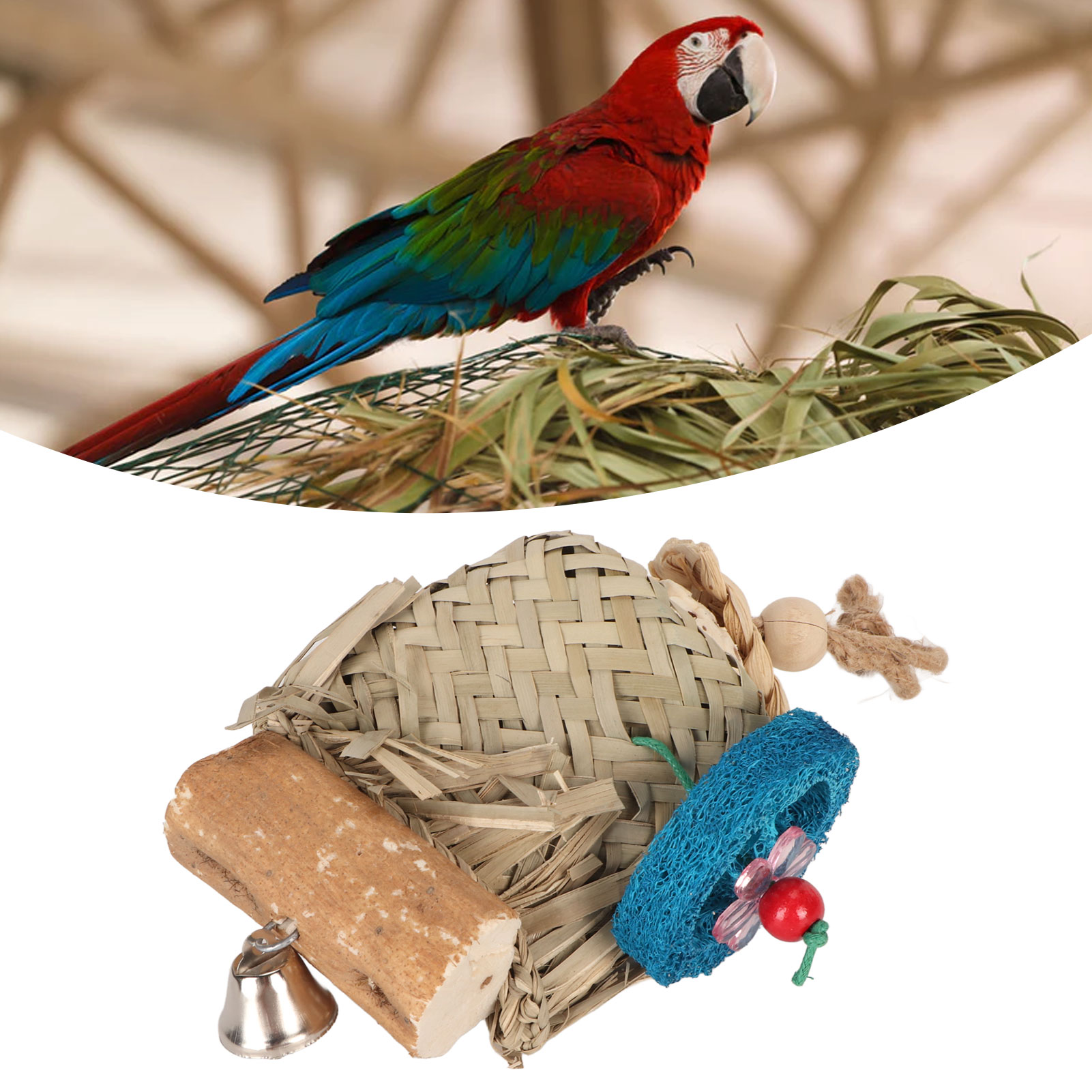 Parrot Chewing Toys Palm Leaves Weaving Biting Toys Colorful Loofah Foraging Toy For Birds