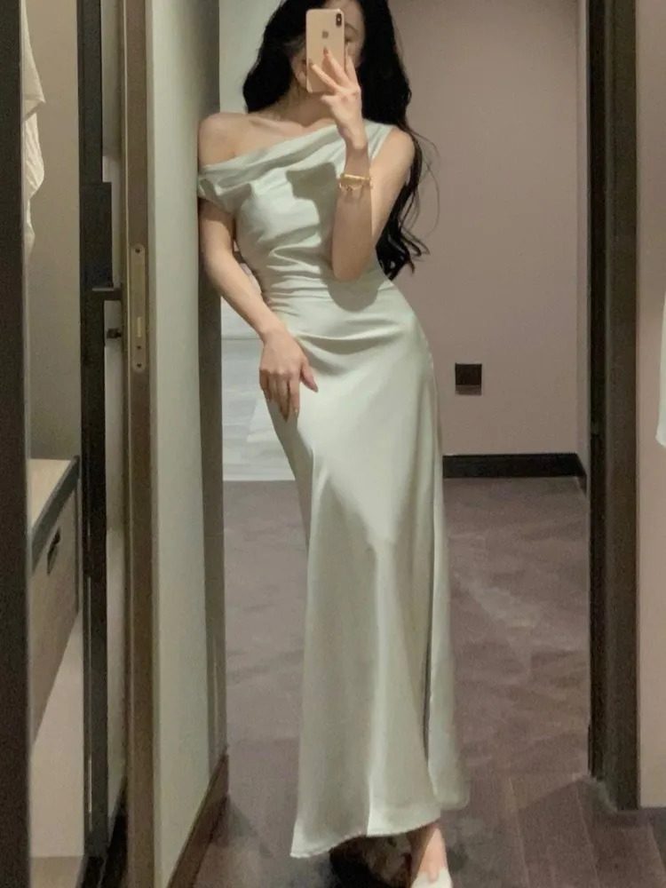 Elegant Bodycon Satin Long Dresses for Women Off Shoulder Solid French Mermaid Wedding Evening Party Dress Prom Robe Vestidos 240627