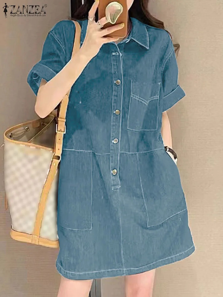 ZANZEA Women Denim Shirt Dress Summer Short Sleeve Sundress Fashion Solid Pockets Robe Casual Turn Down Collar Mini Dresses 240629