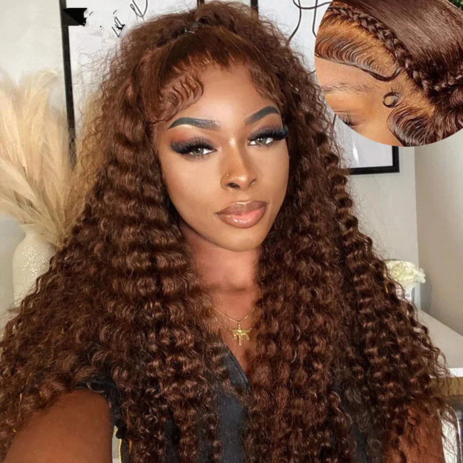 Brown HD Transparent Curly Lace Front Human Hair Wigs Deep Wave Frontal Wig Glueless Chocolate Brown Water Wave Wigs Human Hair