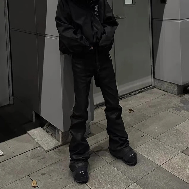 Y2k Streetwear Wax Leather Strecth Jeans for Men and Women Ropa Hombre Baggy Flare Pants Oversized Straight Denim Trousers 240626