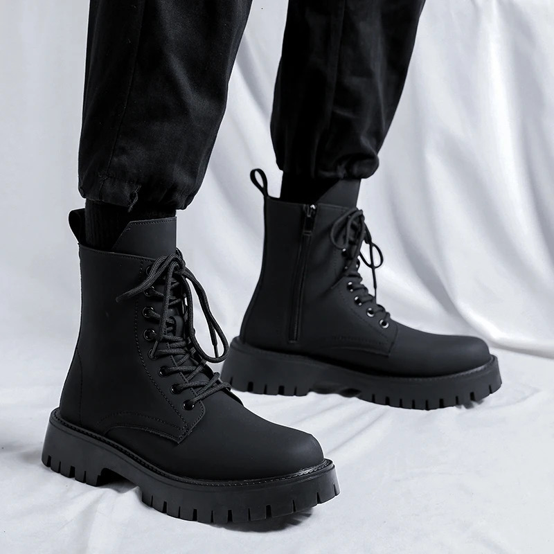 Trend Men Boots Black Sneakers Outdoor Fashion High Top Wholesale Punk Shoes for Men Casual Leather Street Style Ankle Boots Men 240629