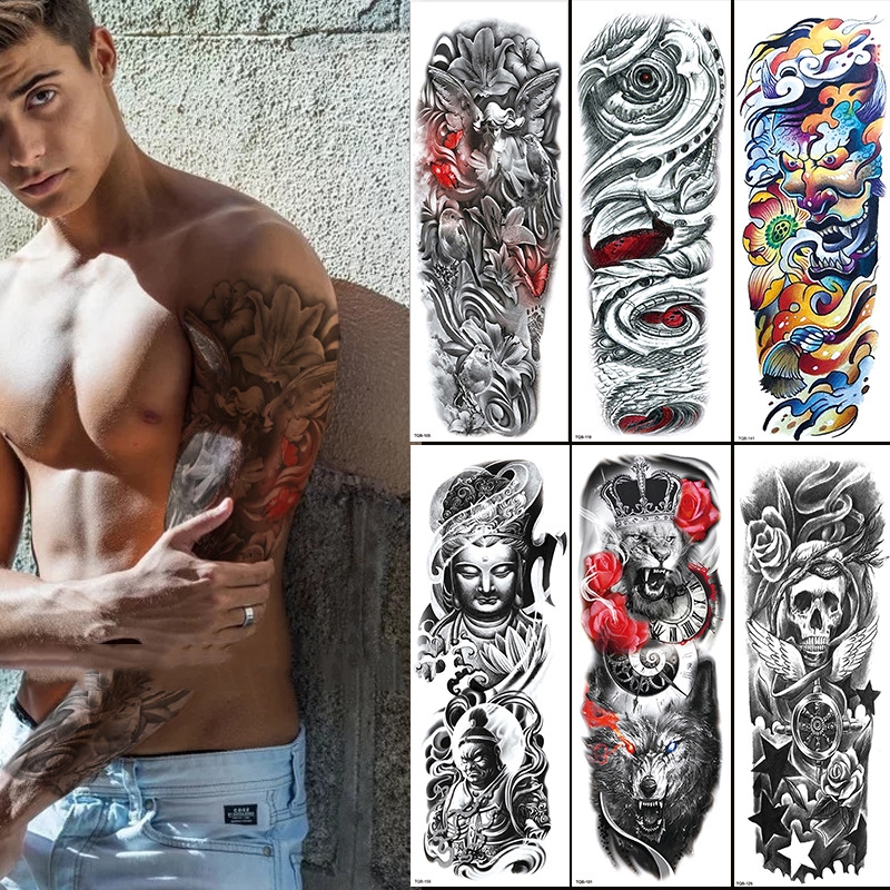 Tattoo Sleeves for Men Women Waterproof Flower Arm Tattoo Stickers Cool Full Arm Scary Fake Temporary Tattoos Big Picture Art