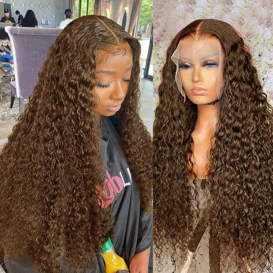 Chocolate Brown Deep Water Wave Lace Frontal Wig Brown Colored Curly Lace Front Human Hair Wigs For Women Pre Plucked 150% full natural HD