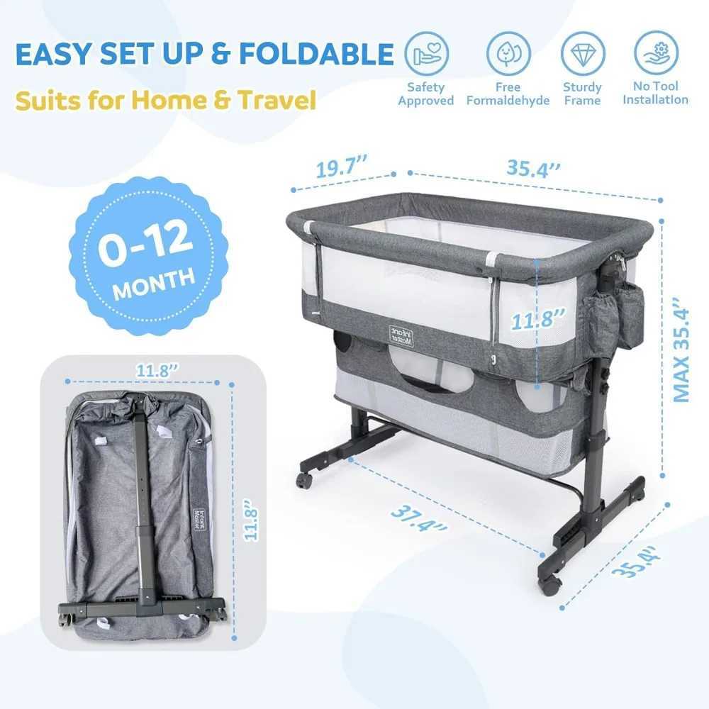 Baby Cribs 3 in 1 Baby Bassinet Upgraded Beside Crib with 360 Highly Visible Mesh wall Comfy Co-sleeper Bassinet 5 Level Adjustable Height WX