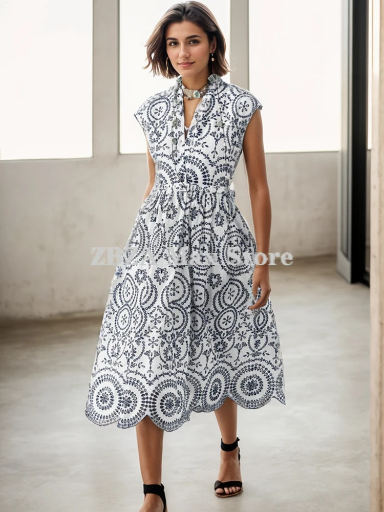 ZBZA Womens Contrast Embroidered Printed Dress Vneck Adjustable Belt Single Breasted Aline Skirt Summer Female Chic 240627