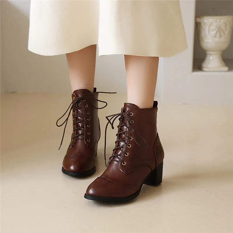 YMECHIC Fashion Brogue Carved Brown Balck White Lace Up High Heel Combat Biker Ankle Boots for Women Booties Woman Shoes 43 240629