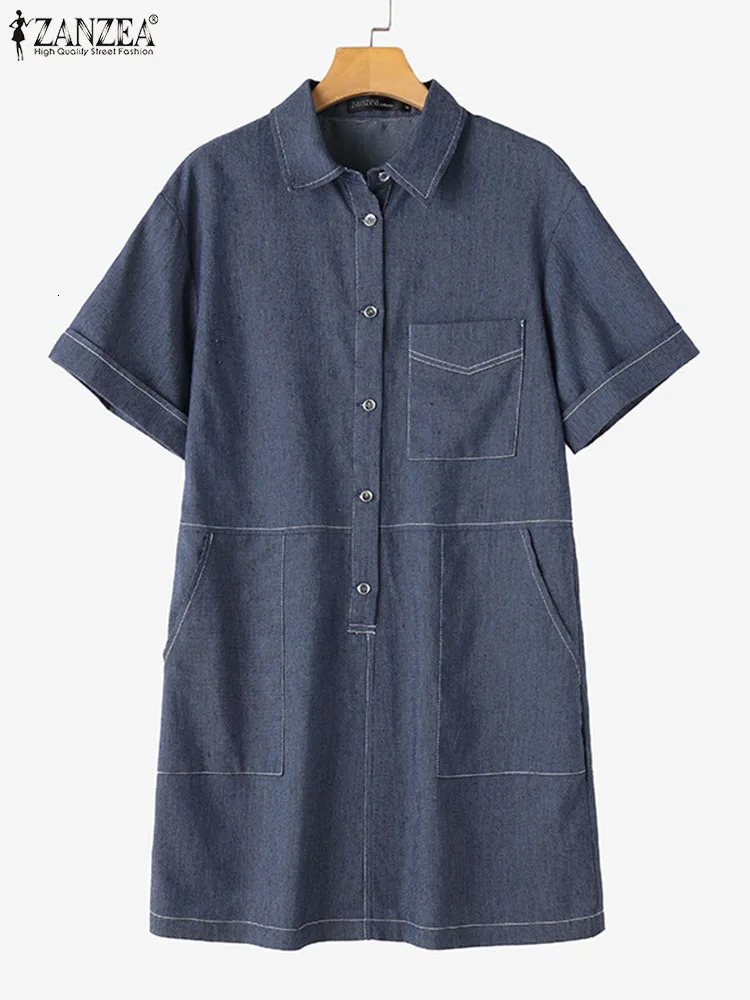 ZANZEA Women Denim Shirt Dress Summer Short Sleeve Sundress Fashion Solid Pockets Robe Casual Turn Down Collar Mini Dresses 240629