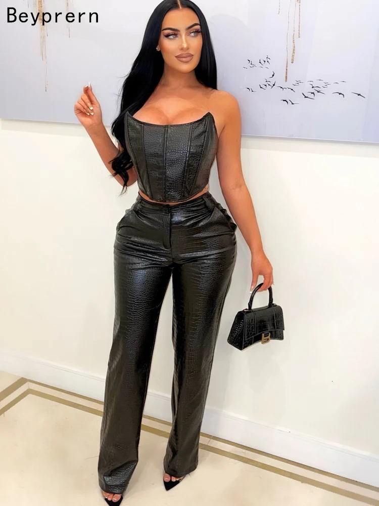 Beyprern Womens Green Corset Cut-Out Cargo Metallic Jumpsuits PU Leather Matching Set Sexy Clubwear 2 Piece Outfits 240619