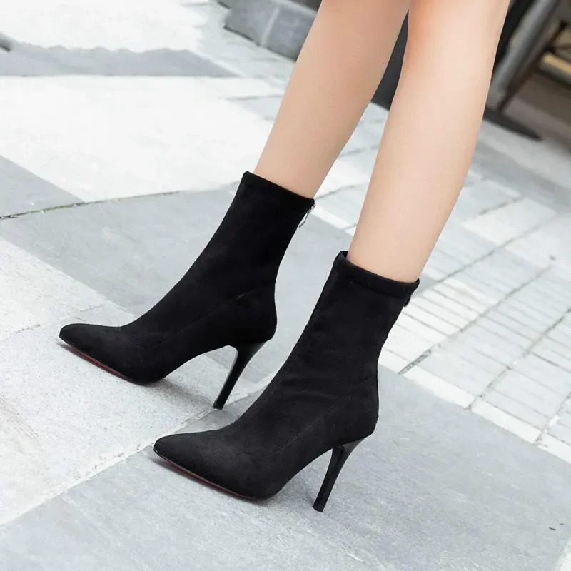 Mid-barrel Boots Elastic Boots Pointed Toe Thin Heels For Women Mujer Black Ankle Stretch Fabric Winter High Heel Boots Rome 240629