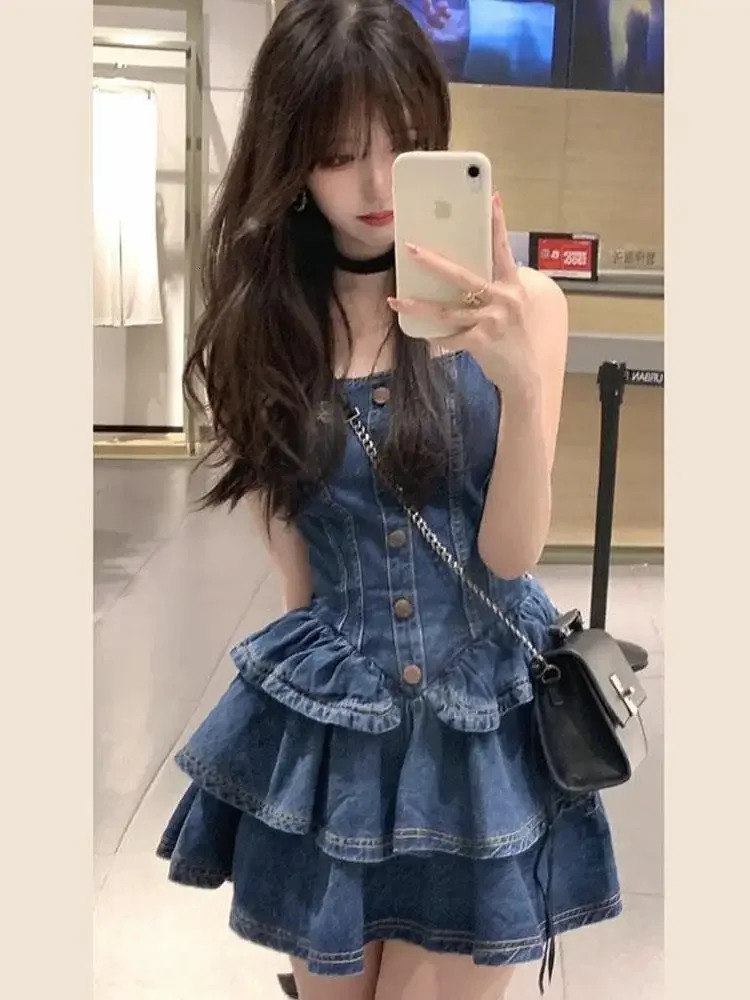 Summer French Strap Jeans Dress Women Robe Slim Waist Princess Pomped Dress Slash Neck Dress Denim Clothing 240629
