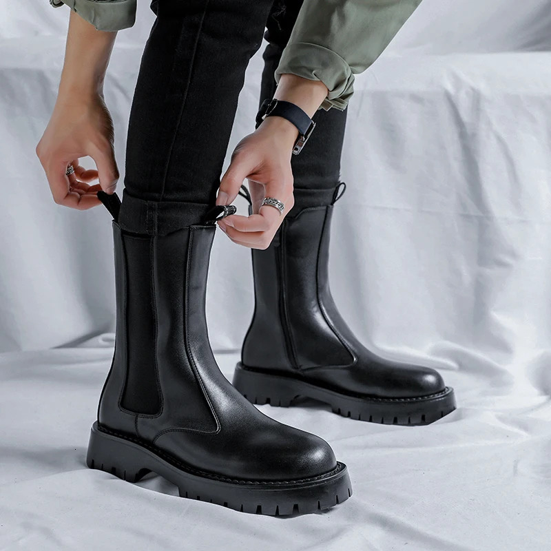 Platform Mens Boots Men Shoes British Style Side Zipper Wear-resistant Casual Boots Classic High-top Black Chelsea Boots 240629