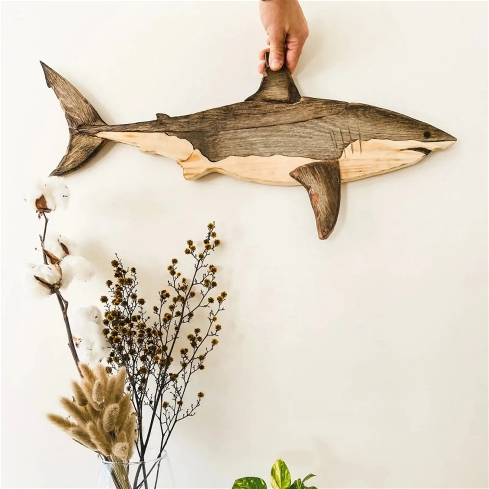 Wooden Sea Fish Decor Statue Whale Figurine Sculpture Ornament Rustic Decoration Wall Hanging Decoration For Living Room Bedroom 240624