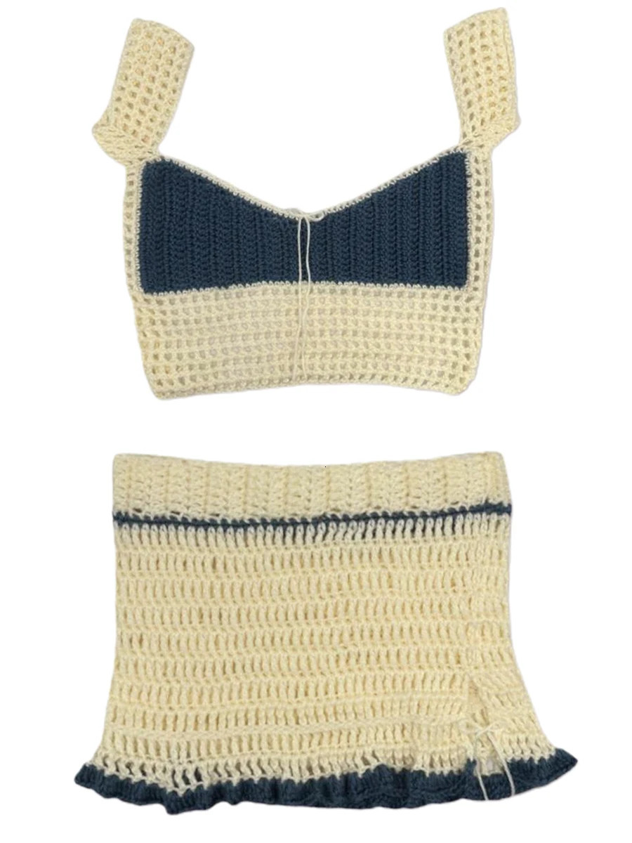 Mxiqqpltky Women s Knit Two Piece Outfits Sleeveless Low Cut Cropped Vest Bodycon Mini Skirt Set Contrast Color Cutout Suit 240626
