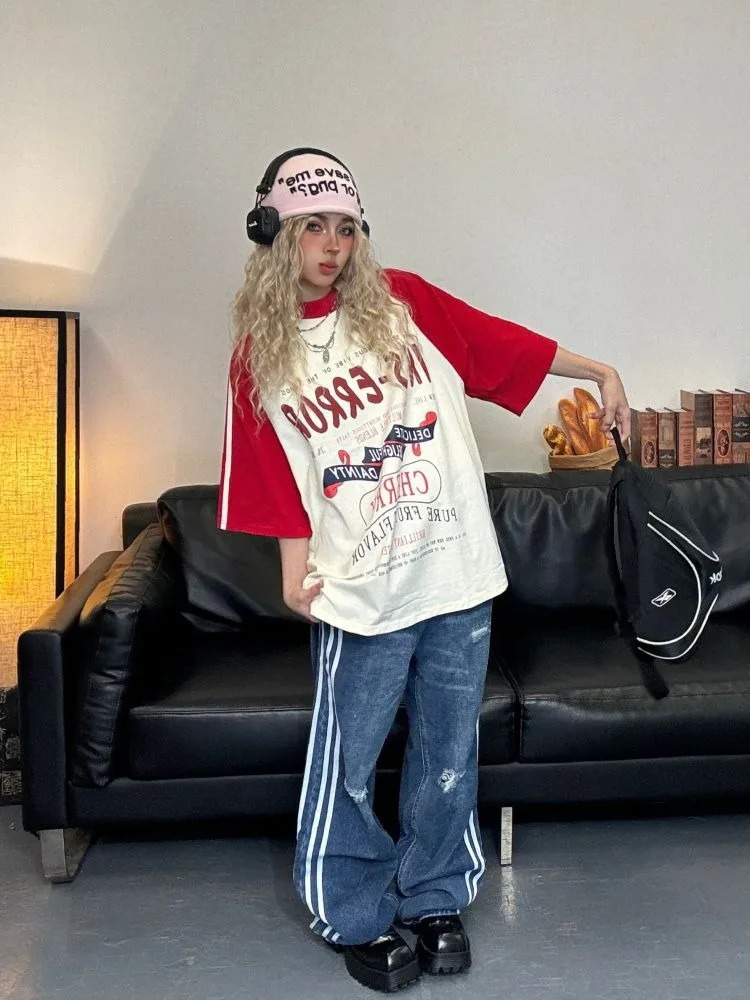 ADAgirl Sport Stripe Oversized T Shirt Women Letter Print Patchwork Raglan Sleeve Tops American Retro Harajuku Clothing Summer 240629