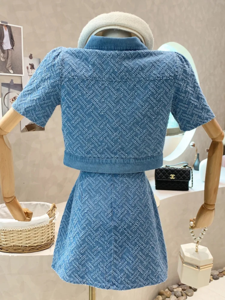 Summer Street Fashion Womens Suit With Skirt Denim Short Sleeve Top Sweet Girl Female Blue Plaid 2 Piece Set 240627