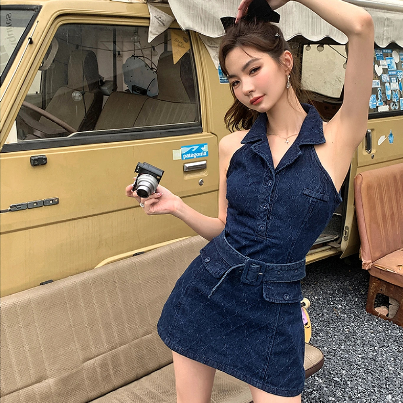 Womens Summer Dress Sexy Sleeveless Polo Collar Denim Dress for Women Denim Skirt Korean Style Y2K Vintage Dress for Girls 240629