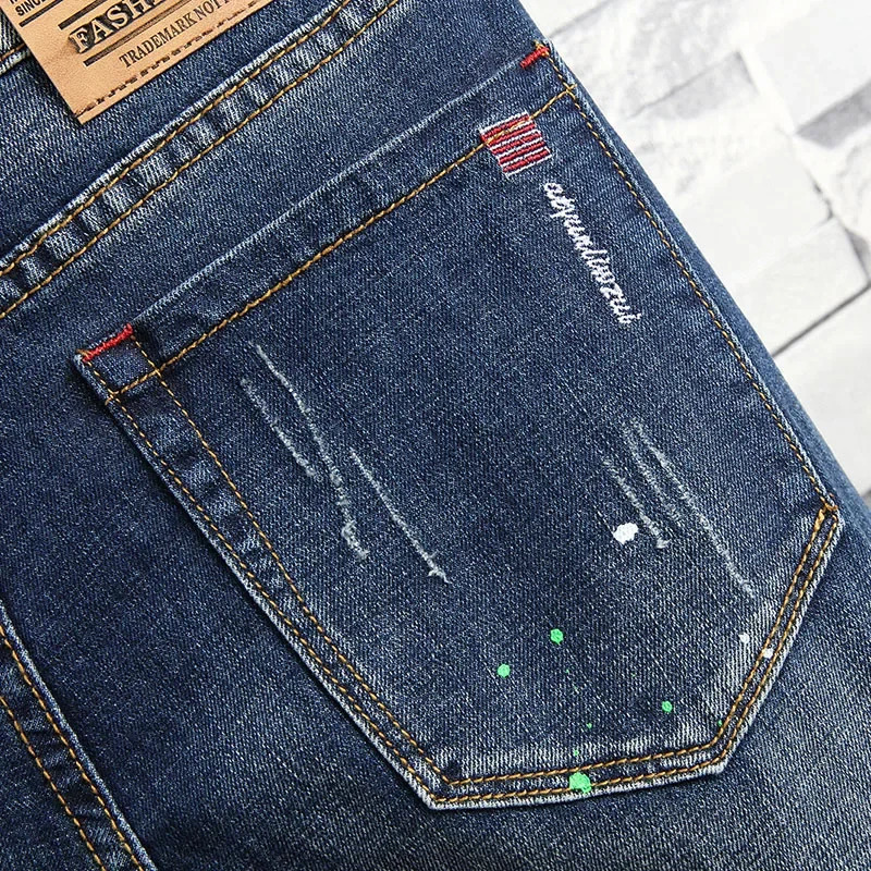 Spring Style Retro Fashion Ripped Slim Jeans for Men High Street Versatile Stretch Straight Leg Denim Trousers Male 240619