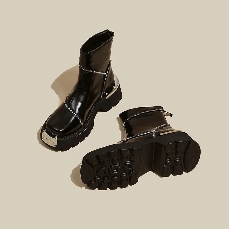 SLTNX Autumn and Winter Thick Soled Martin Boots British Style Square Head Plus Velvet Chelsea Boots Retro Metal Ankle Boots 240629