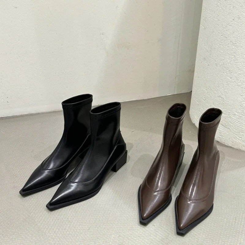 Womens Pointed Toe Chunky Mid Heel Fashion Boots Fashion Short Boots Womens Sleeve Hundred Womens Boots 240629