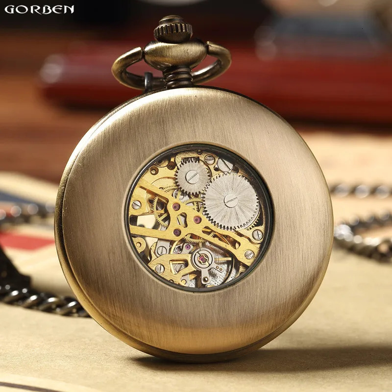 Retro Wood Circle Skeleton Pocket Watch Men Women Unisex Mechanical Hand-winding Vintage Roman Numerals Necklace Steampunk Watch 240626