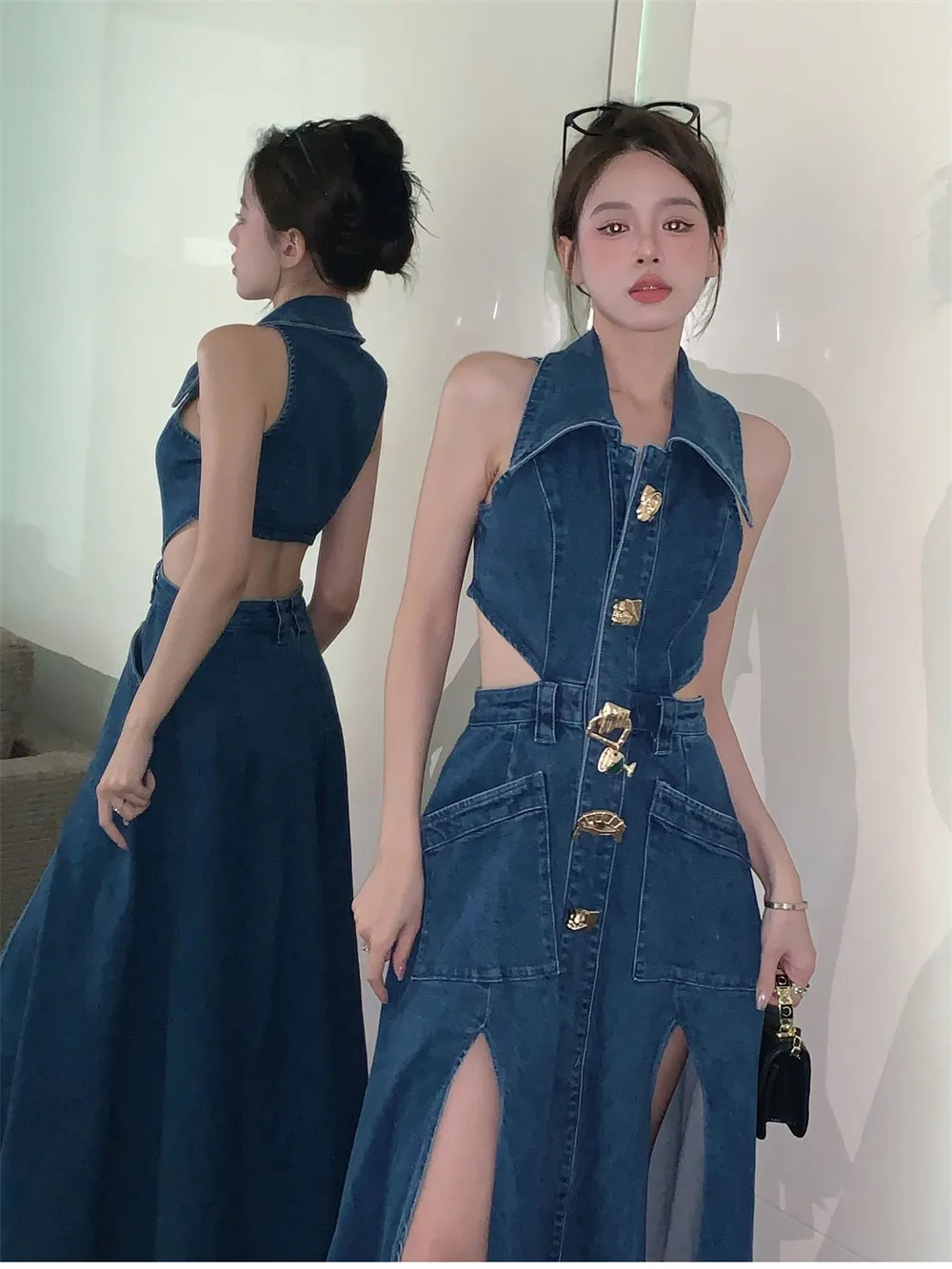 Vintage Lapel Denim Long Dress Womens Summer Ppenwork Split Dress A-line Premium Sense Midi Dress 240629