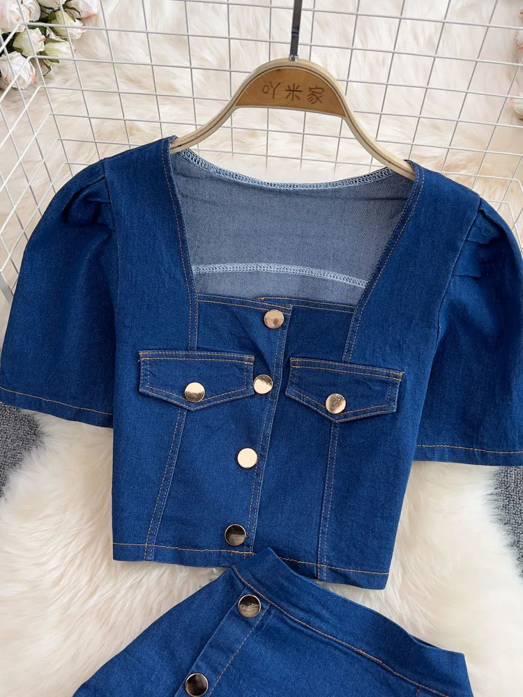 Womens Set Jeans 2 Pieces Suits Woman Matching Sets Buttons Jumpers Mini Skirt Short Sleeve Female Clothes Costumes 240627
