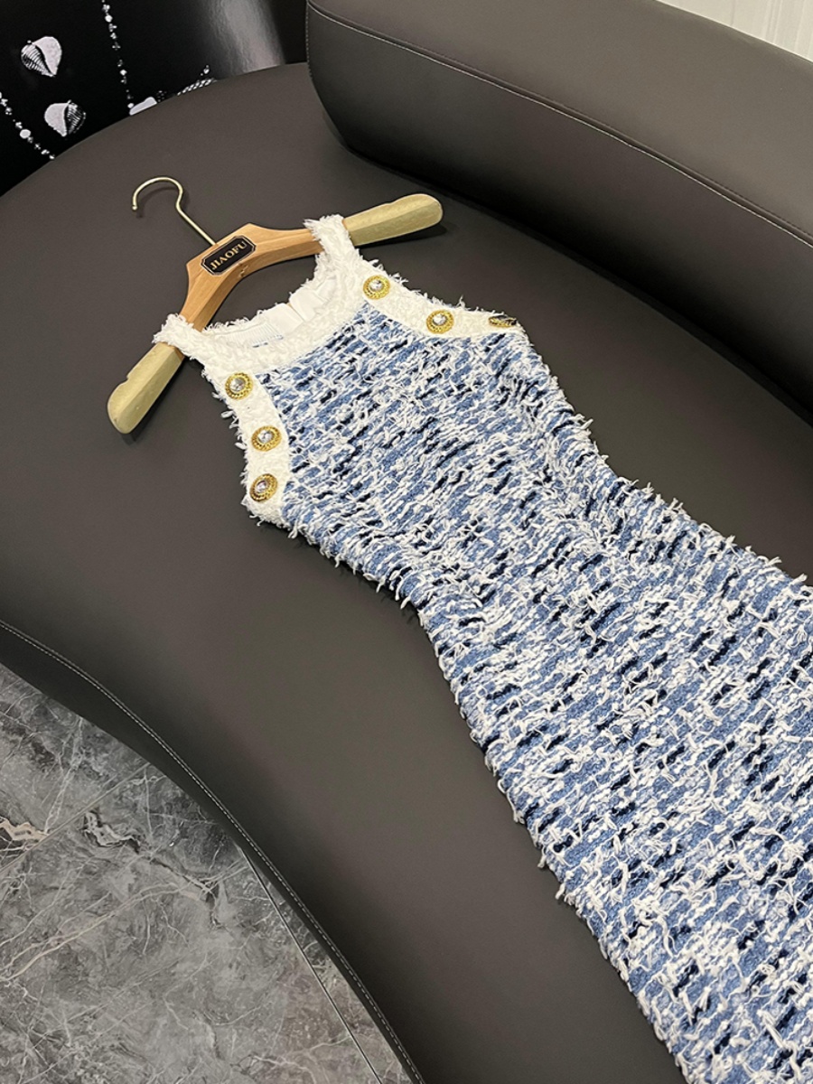 2024 Summer Blue Contrast Color Panelled Tassel Knitted Dress Sleeveless Round Neck Buttons Knee-Length Casual Dresses D4L24 C260312