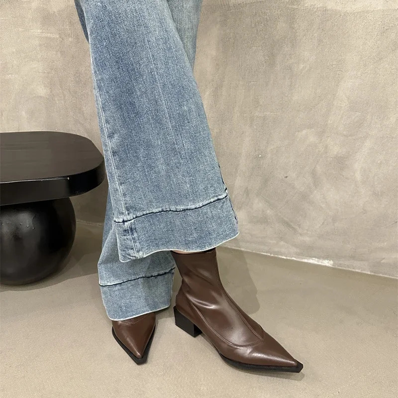 Womens Pointed Toe Chunky Mid Heel Fashion Boots Fashion Short Boots Womens Sleeve Hundred Womens Boots 240629