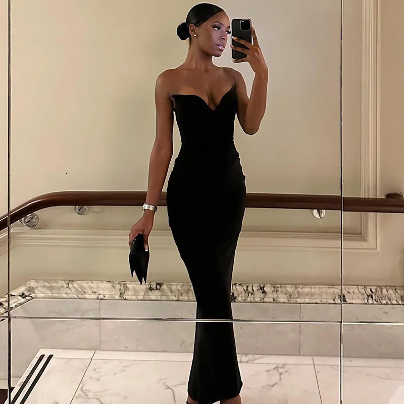 Sexy Black Strapless Corset Dresses for Women Elegant V Neck Backless Bodycon Long Maxi Dress Evening Party 240627