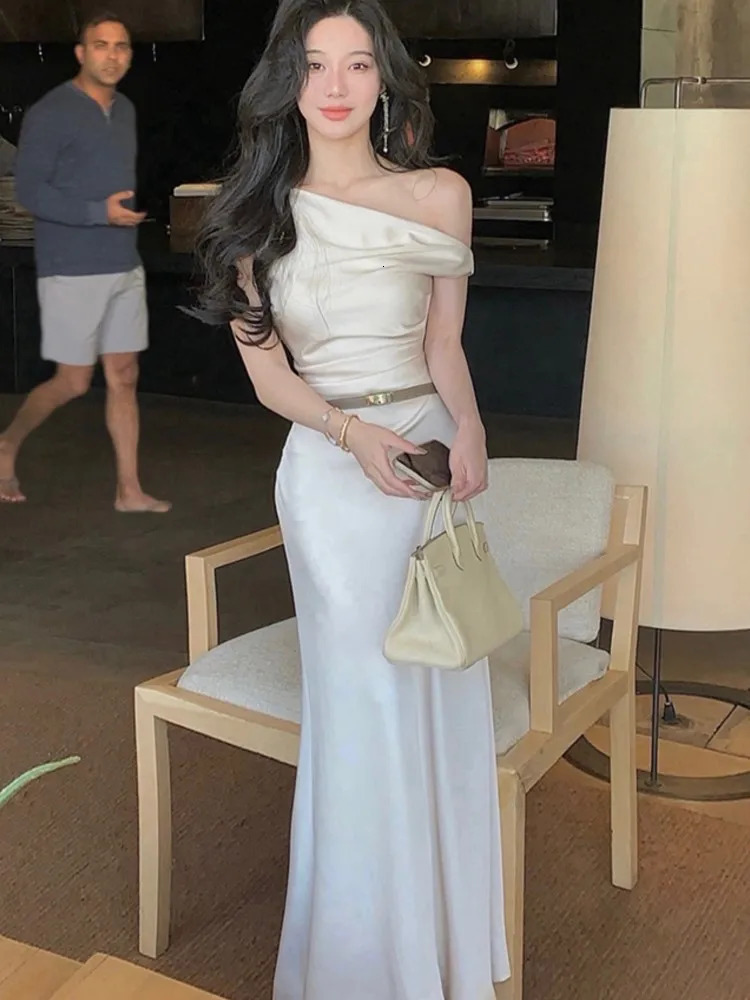 Elegant Bodycon Satin Long Dresses for Women Off Shoulder Solid French Mermaid Wedding Evening Party Dress Prom Robe Vestidos 240627