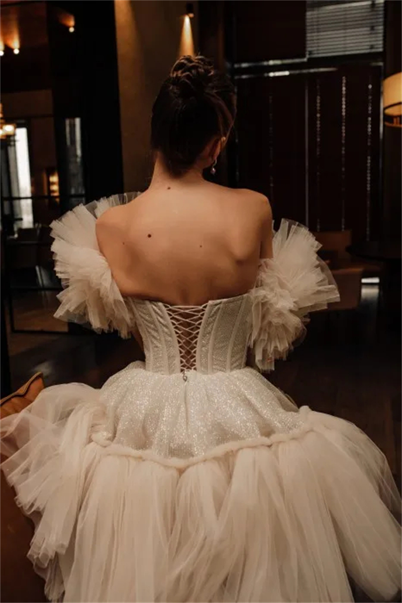 Shiny Sweetheart Pleated Tulle Short Prom Dresses for Women A-line Ruffy Party Evening Gown Lace up Detachable Sleeves Mini Sequined Cocktail Dress 20