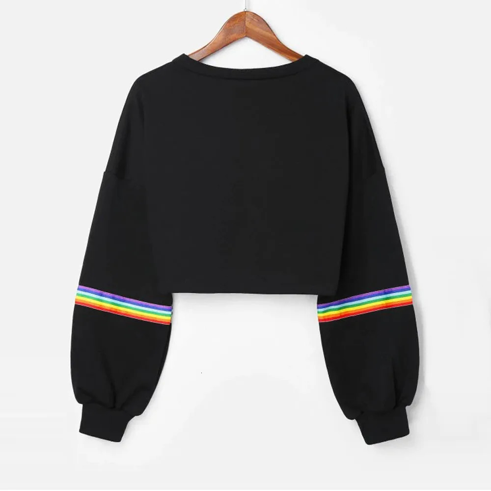 Rainbow Striped Patchwork Hoodie Fashion Girls Autumn Long Sleeve O Neck Crop Top Sweatshirts Hip Hop Pullover Blouse In Stock 240627