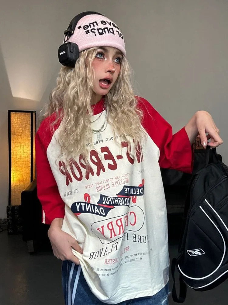 ADAgirl Sport Stripe Oversized T Shirt Women Letter Print Patchwork Raglan Sleeve Tops American Retro Harajuku Clothing Summer 240629