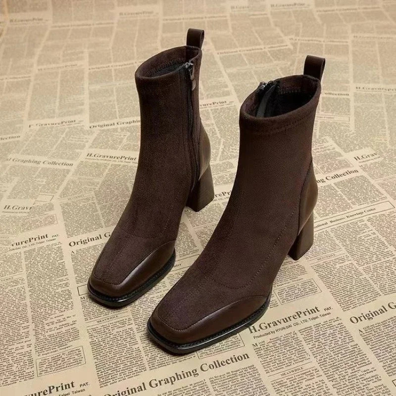 Ladies Shoes Square Toe Solid Womens Boots Trend Outdoor Short Tube Boots Square Heel Zippered High Heels Shoes 240629