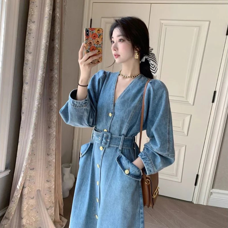 Vintage V-Neck Women Denim Dress Long Sleeve Loose A-Line Long Jean Dress French Style Elegant Female Vestidos 240629