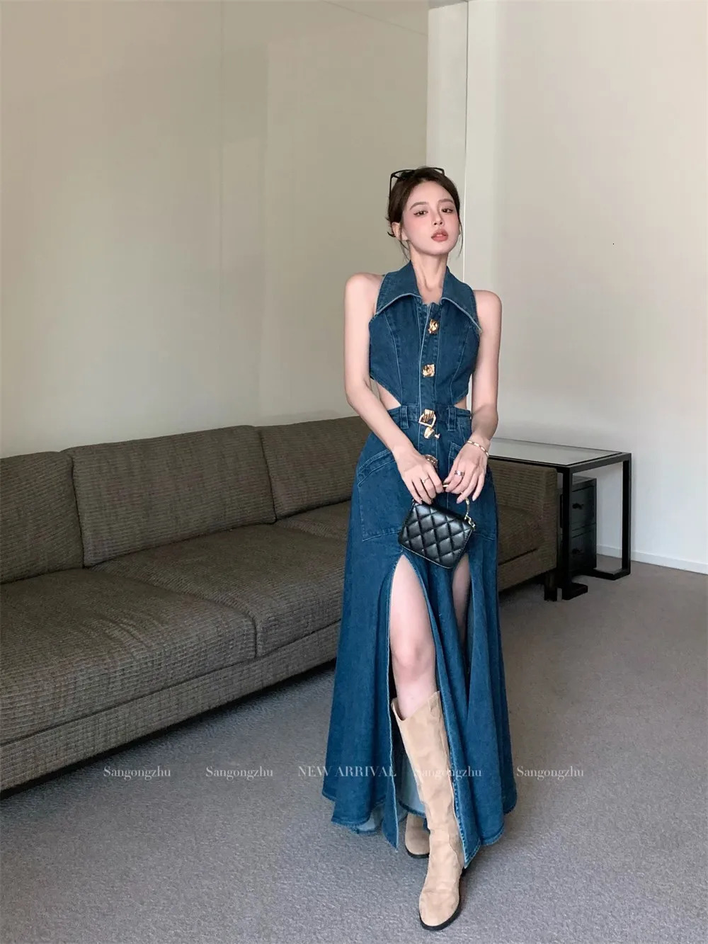 Vintage Lapel Denim Long Dress Womens Summer Ppenwork Split Dress A-line Premium Sense Midi Dress 240629