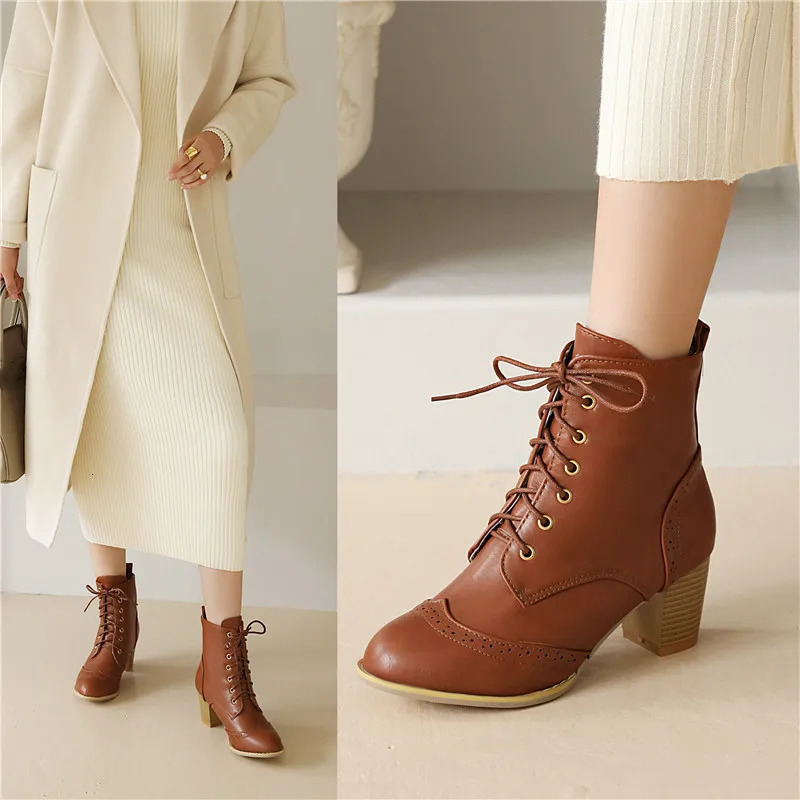 YMECHIC Fashion Brogue Carved Brown Balck White Lace Up High Heel Combat Biker Ankle Boots for Women Booties Woman Shoes 43 240629